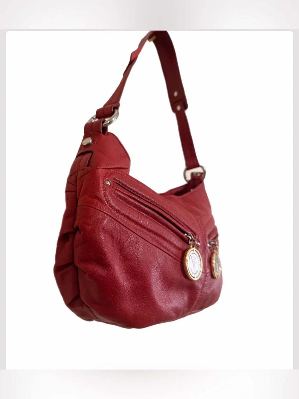 Red Leather Shoulder Bag with Gold Medallion Accents